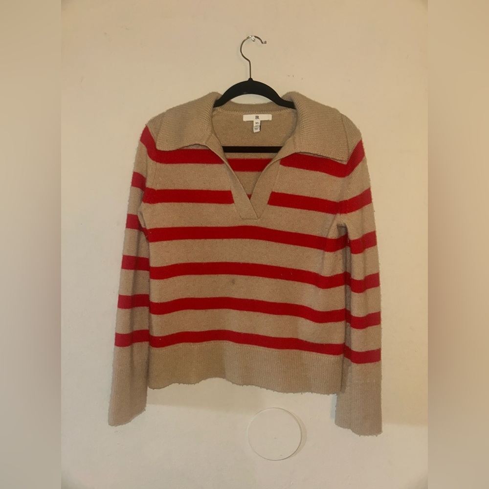 Banana Republic CASHMERE V-Neck Sweater in Red and Tan Stripes